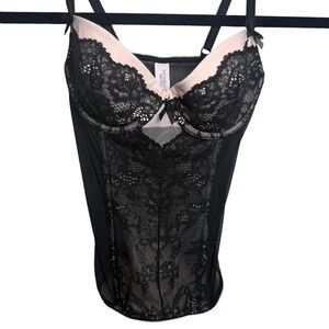 Victoria's Secret black lace corset top with pink bow detail Size: 34B